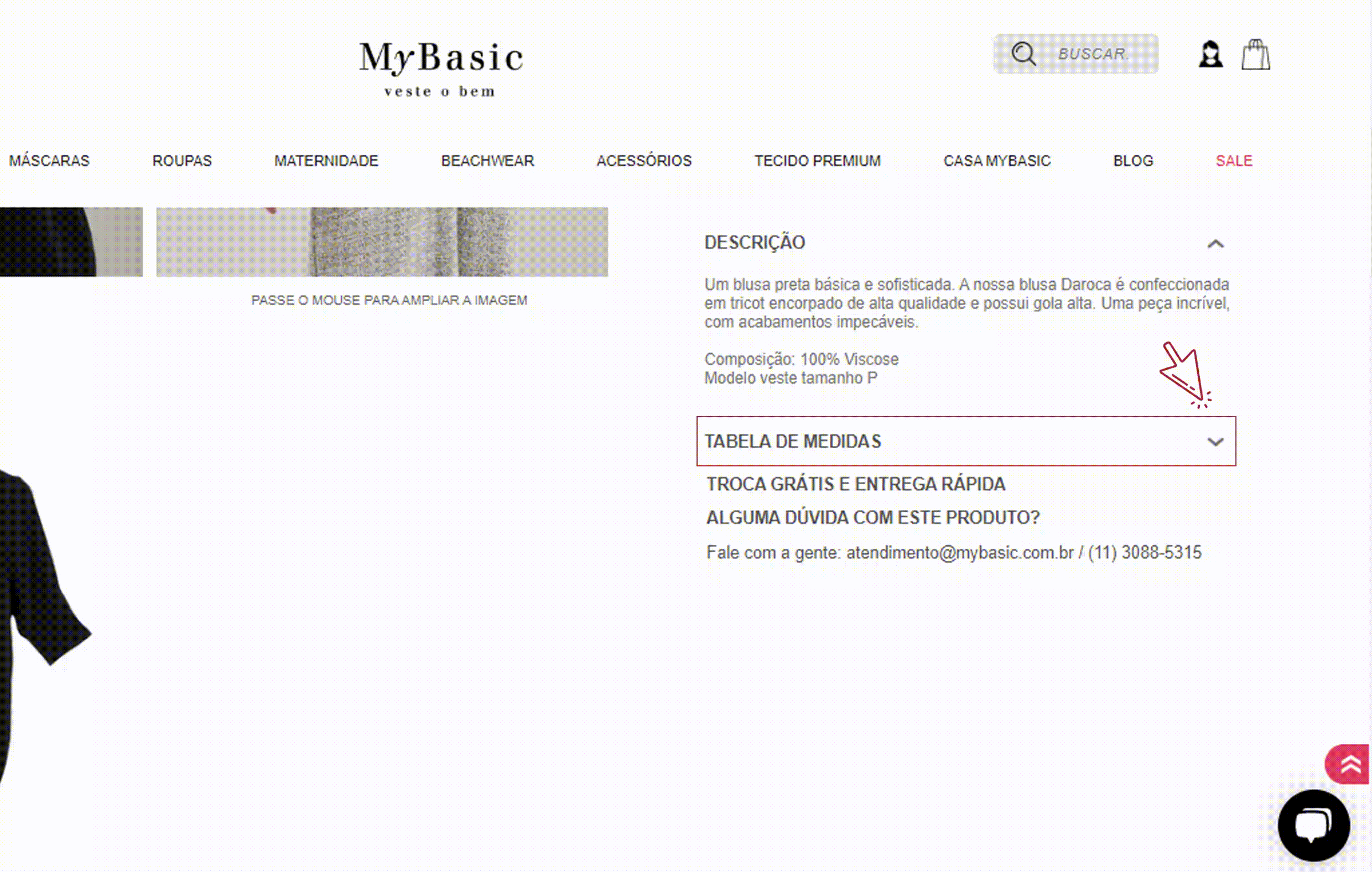 Tabela de medidas das roupas.