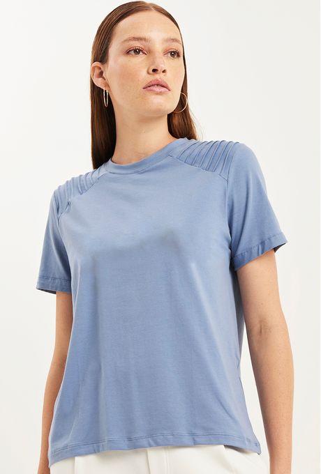 T-Shirt Mersin em Algodão com Nervuras Azul Médio PP